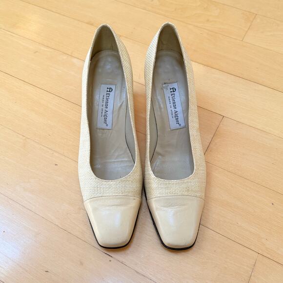 Vintage Etienne Aigner Cream Leather Raffia Pumps 8.5 - Picture 2 of 6